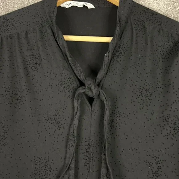 Zara Dress Womens Medium Black Dot Tiered Long Sleeve Tie Front Neck - Picture 5 of 12